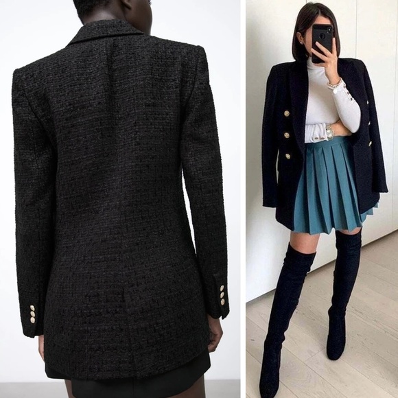 Zara - Double Breasted Textured Weave Blazer - Black - Picture 3 of 13